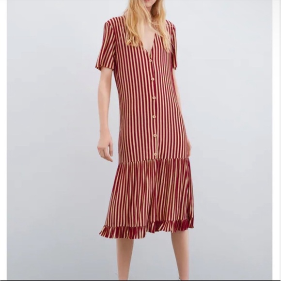 Zara Dresses & Skirts - NWT Zara Red and Beige Striped Button-Up Midi Dress Size Large